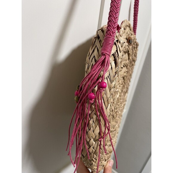 3 for 40$ Sun N Sand Beach Bag Natural Straw round  tote Pink NWT - Picture 3 of 7